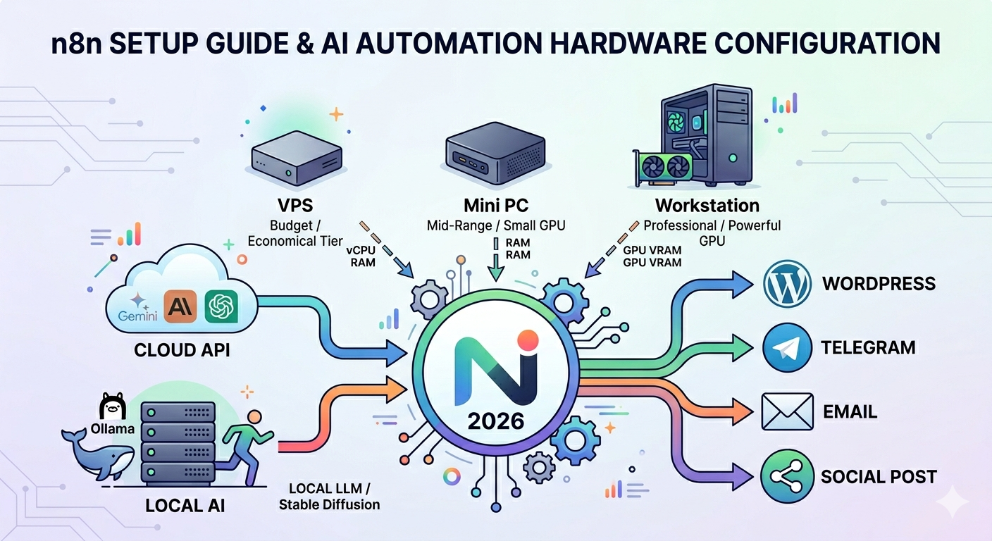 Comprehensive infographic showing n8n setup guide and AI automation hardware configurations for 2026, featuring Cloud API, Local AI, and hardware tiers from VPS to Workstations.