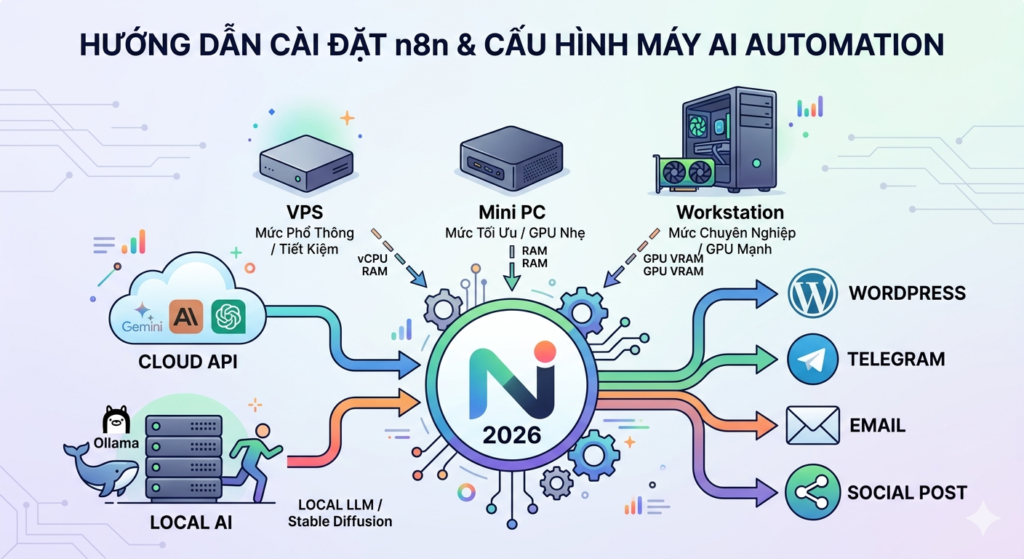 Sơ đồ cấu hình phần cứng chạy n8n năm 2026 cho Cloud AI và Local AI Automation.