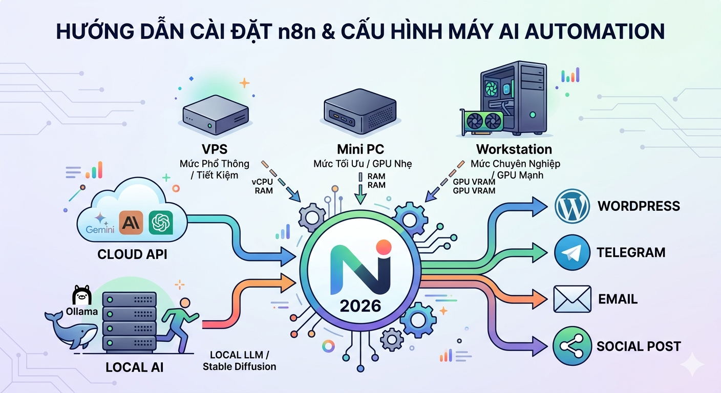 Sơ đồ cấu hình phần cứng chạy n8n năm 2026 cho Cloud AI và Local AI Automation.